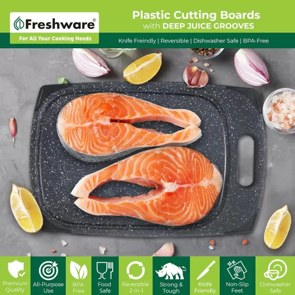 imagePlastic Cutting Boards for Kitchen Cutting Board Set of 3 Juice Grooves with Easy Grip Handle BPAFree NonPorous Dishwasher Safe Black MarblePlastic  Set of 3  Black Marble