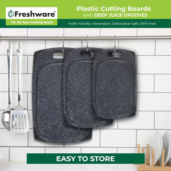 imagePlastic Cutting Boards for Kitchen Cutting Board Set of 3 Juice Grooves with Easy Grip Handle BPAFree NonPorous Dishwasher Safe Black MarblePlastic  Set of 3  Black Marble