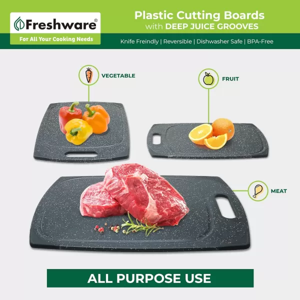 imagePlastic Cutting Boards for Kitchen Cutting Board Set of 3 Juice Grooves with Easy Grip Handle BPAFree NonPorous Dishwasher Safe Black MarblePlastic  Set of 3  Black Marble