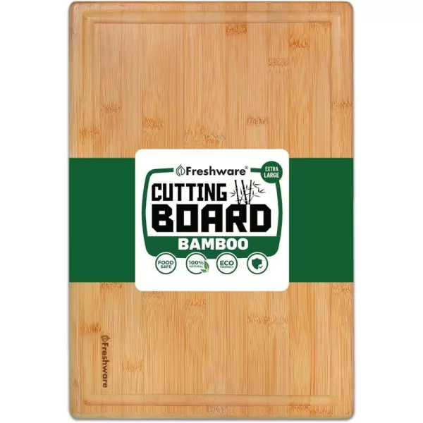 imageBamboo Cutting Boards for Kitchen with Juice Groove ExtraLarge Wood Cutting Board for Chopping Meat Vegetables Fruits Cheese Knife Friendly Serving Tray with Handles 18 x 125inch18L x 1W