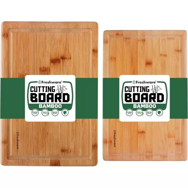 imageBamboo Cutting Boards for Kitchen with Juice Groove ExtraLarge Wood Cutting Board for Chopping Meat Vegetables Fruits Cheese Knife Friendly Serving Tray with Handles 18 x 125inchMedium Set of 2