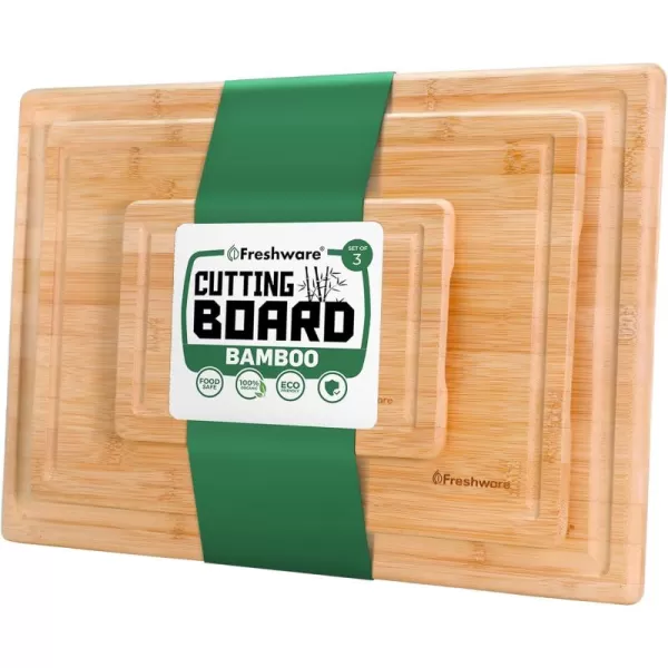 imageBamboo Cutting Boards for Kitchen with Juice Groove ExtraLarge Wood Cutting Board for Chopping Meat Vegetables Fruits Cheese Knife Friendly Serving Tray with Handles 18 x 125inchLarge Set of 3