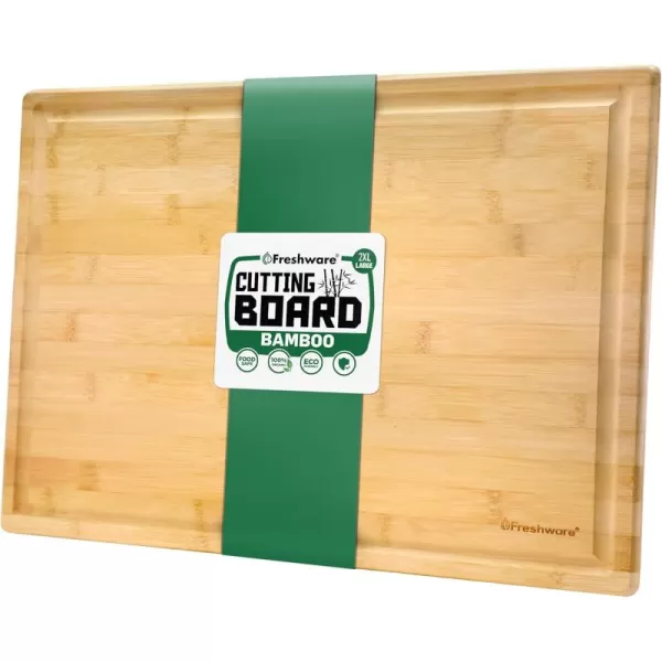 imageBamboo Cutting Boards for Kitchen with Juice Groove ExtraLarge Wood Cutting Board for Chopping Meat Vegetables Fruits Cheese Knife Friendly Serving Tray with Handles 18 x 125inch20L x 14W