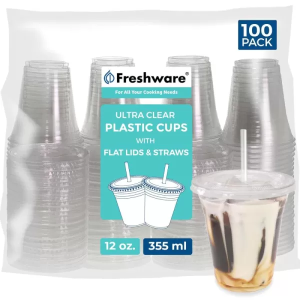 imageFreshware 12 oz Clear Disposable Plastic Cups with Flat Lids and Straws 100 Pack Clear Plastic Cups Tumblers Heavyduty Party Glasses Disposable Cups for Thanksgiving Halloween Christmas Party12 oz 100PK