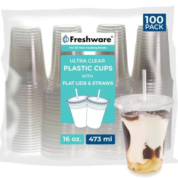 imageFreshware 12 oz Clear Disposable Plastic Cups with Flat Lids and Straws 100 Pack Clear Plastic Cups Tumblers Heavyduty Party Glasses Disposable Cups for Thanksgiving Halloween Christmas Party16 oz 100PK