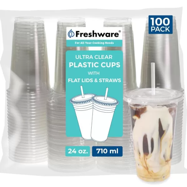 imageFreshware 12 oz Clear Disposable Plastic Cups with Flat Lids and Straws 100 Pack Clear Plastic Cups Tumblers Heavyduty Party Glasses Disposable Cups for Thanksgiving Halloween Christmas Party24 oz 100PK