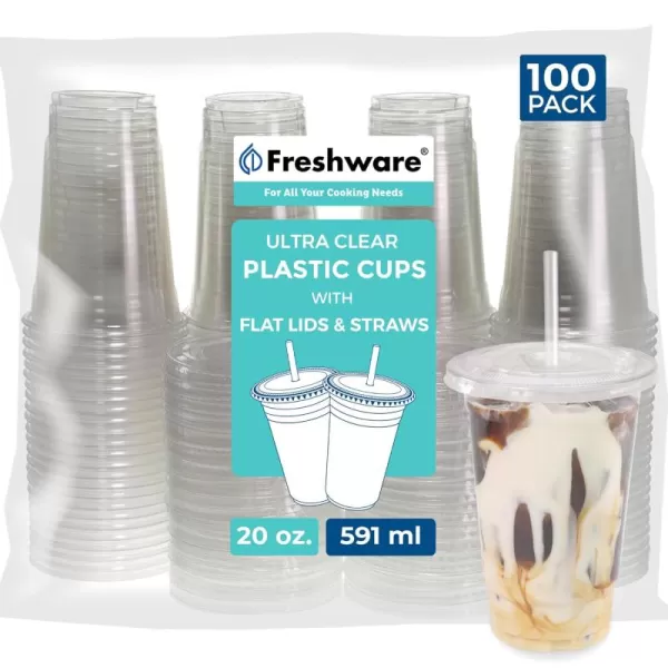 imageFreshware 12 oz Clear Disposable Plastic Cups with Flat Lids and Straws 100 Pack Clear Plastic Cups Tumblers Heavyduty Party Glasses Disposable Cups for Thanksgiving Halloween Christmas Party20 oz 100PK