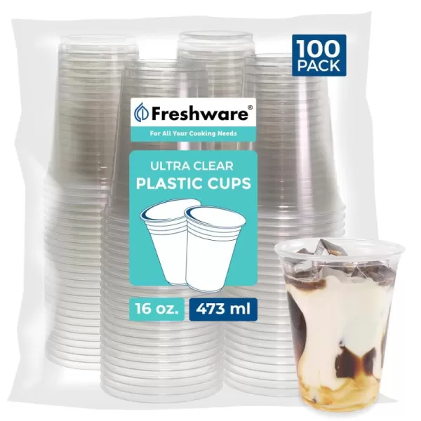 imageFreshware 12 oz Clear Disposable Plastic Cups with Flat Lids and Straws 100 Pack Clear Plastic Cups Tumblers Heavyduty Party Glasses Disposable Cups for Thanksgiving Halloween Christmas Party16 oz 100PCS