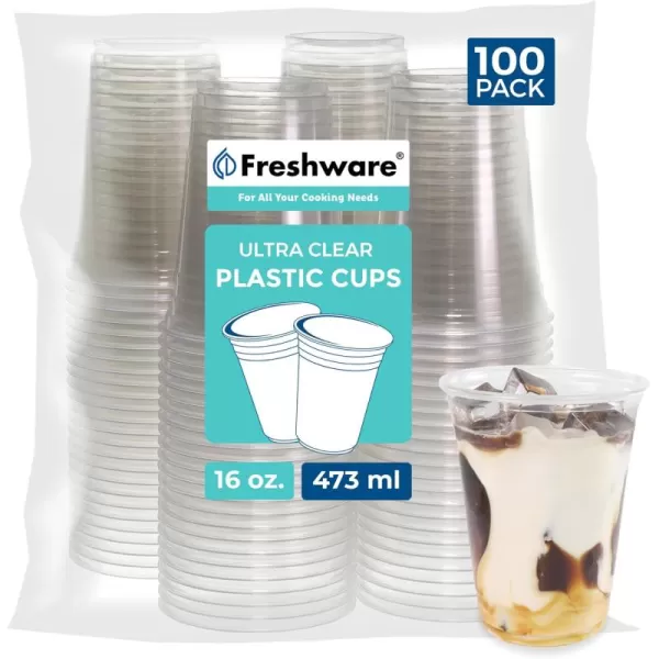 imageFreshware 16 oz Clear Disposable Plastic Cups Clear Plastic Cups Tumblers Heavyduty Party Glasses Disposable Cups for Thanksgiving Halloween Christmas Party 16 Oz Cups 100 Count Pack of 116 oz 100PK