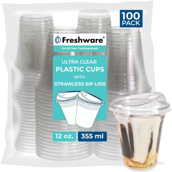 imageFreshware 16 oz Clear Disposable Plastic Cups with Strawless Sip Lids 100 Pack Clear Plastic Cups Tumblers Heavyduty Party Glasses Disposable Cups for Thanksgiving Halloween Christmas Party12 oz 100PK