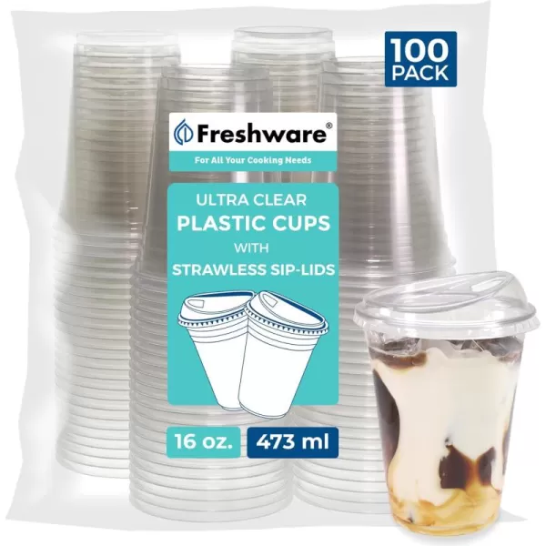 imageFreshware 16 oz Clear Disposable Plastic Cups with Strawless Sip Lids 100 Pack Clear Plastic Cups Tumblers Heavyduty Party Glasses Disposable Cups for Thanksgiving Halloween Christmas Party16 oz 100PK