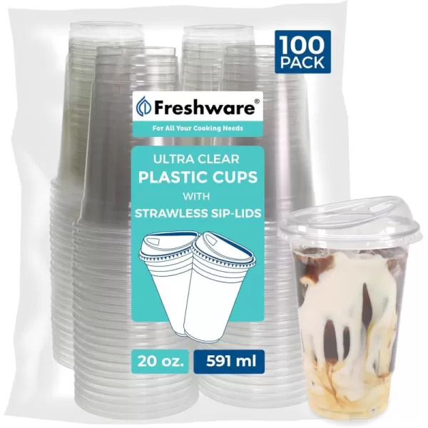 imageFreshware 16 oz Clear Disposable Plastic Cups with Strawless Sip Lids 100 Pack Clear Plastic Cups Tumblers Heavyduty Party Glasses Disposable Cups for Thanksgiving Halloween Christmas Party20 oz 100PK