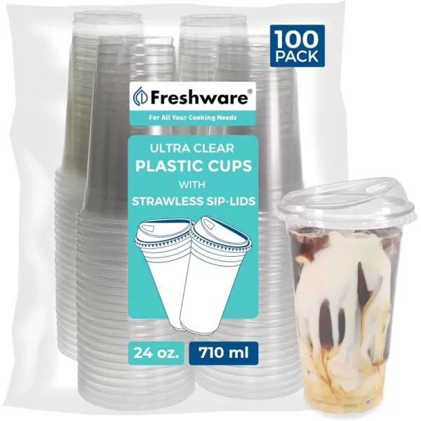 imageFreshware 16 oz Clear Disposable Plastic Cups with Strawless Sip Lids 100 Pack Clear Plastic Cups Tumblers Heavyduty Party Glasses Disposable Cups for Thanksgiving Halloween Christmas Party24 oz 100PK