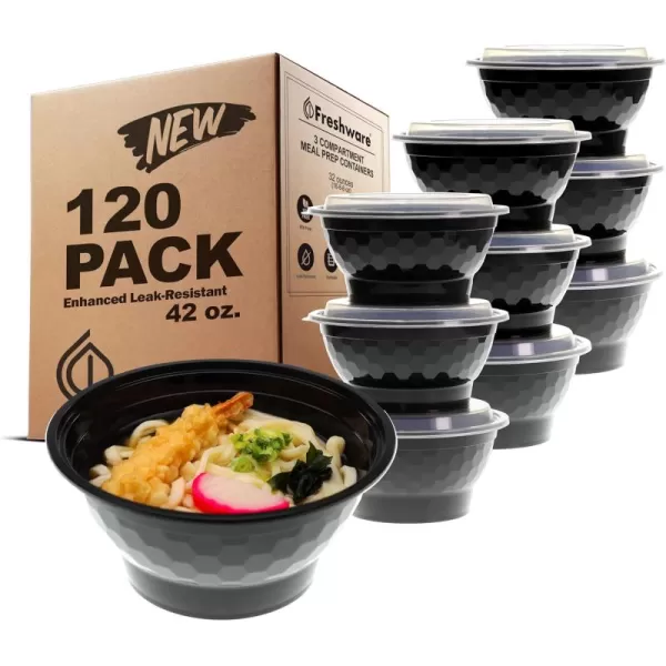 imageFreshware Meal Prep Containers 10 Pack Bento Box Food Storage Containers Plastic Bowls with Lids for Soup and Salad BPA Free Stackable Lunch Boxes MicrowaveDishwasherFreezer Safe 42 oz32OZ150PK