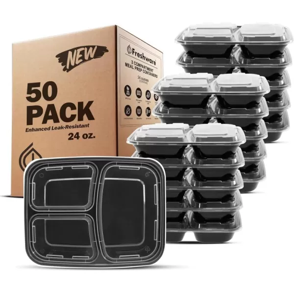 imageFreshware Meal Prep Containers 15 Pack 3 Compartment with Lids Food Containers Lunch Box Stackable Bento Box MicrowaveDishwasher Safe 32 oz24OZ 50PK