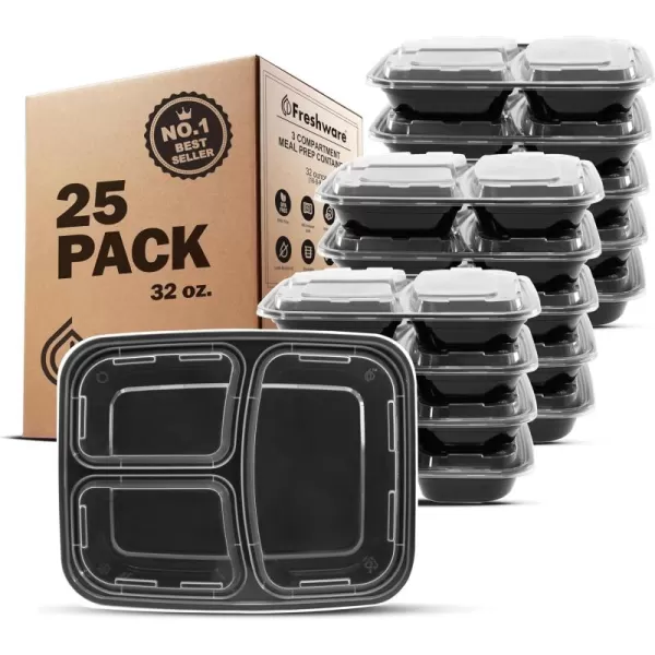 imageFreshware Meal Prep Containers 15 Pack 3 Compartment with Lids Food Containers Lunch Box Stackable Bento Box MicrowaveDishwasher Safe 32 oz32OZ25PK