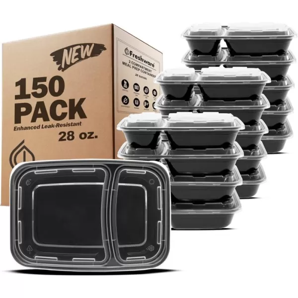 imageFreshware Meal Prep Containers 150 Pack 2 Compartment with Lids Food Storage Containers Bento Box BPA Free Stackable MicrowaveDishwasherFreezer Safe 28 oz