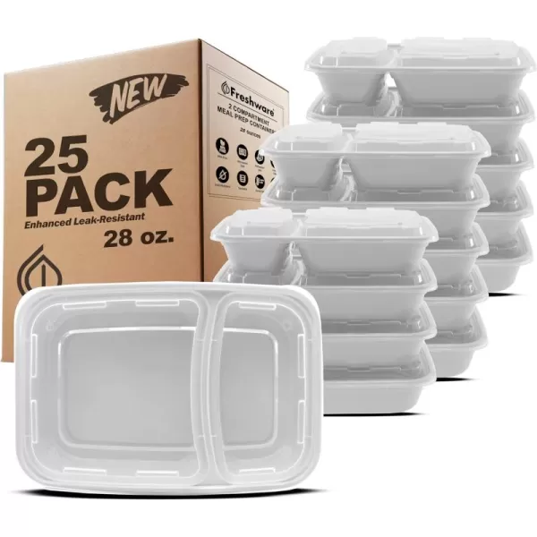 imageFreshware Meal Prep Containers 25 Pack 2 Compartment with Lids Food Storage Containers Bento Box BPA Free Stackable MicrowaveDishwasherFreezer Safe 28 oz Grey28OZ25PK