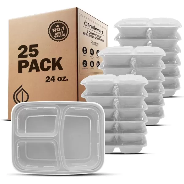 imageFreshware Meal Prep Containers 25 Pack 3 Compartment with Lids Food Storage Containers Bento Box BPA Free Stackable MicrowaveDishwasherFreezer Safe 24 oz