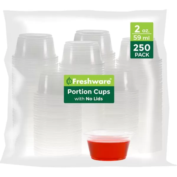 imageFreshware Plastic Portion Cups No Lids 2 Ounce 250 Count Disposable Plastic Cups for Meal Prep Salad Dressing Jellos Shot Cups Souffle Cups Condiment and Dipping Sauce Cups2 oz  250 cups