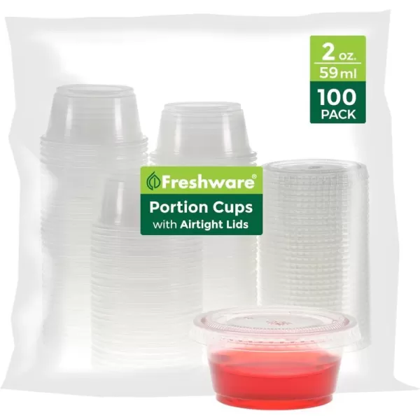 imageFreshware Plastic Portion Cups with Lids 2 Ounce 100 Sets Disposable Plastic Cups for Meal Prep Salad Dressing Jellos Shot Cups Souffle Cups Condiment and Dipping Sauce Cups Clear