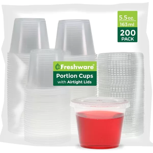 imageFreshware Plastic Portion Cups with Lids 2 Ounce 200 Sets Disposable Plastic Cups for Meal Prep Salad Dressing Jellos Shot Cups Souffle Cups Condiment and Dipping Sauce Cups55 oz  200 sets