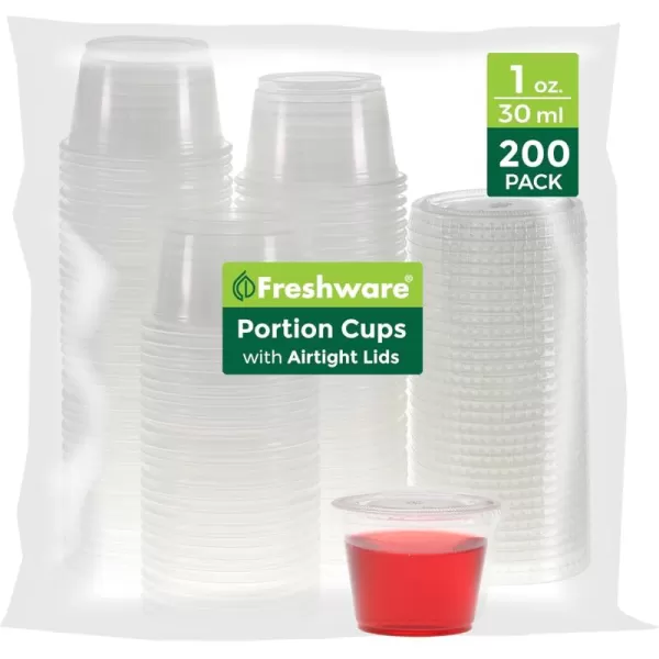 imageFreshware Plastic Portion Cups with Lids 2 Ounce 200 Sets Disposable Plastic Cups for Meal Prep Salad Dressing Jellos Shot Cups Souffle Cups Condiment and Dipping Sauce Cups1 oz  200 sets