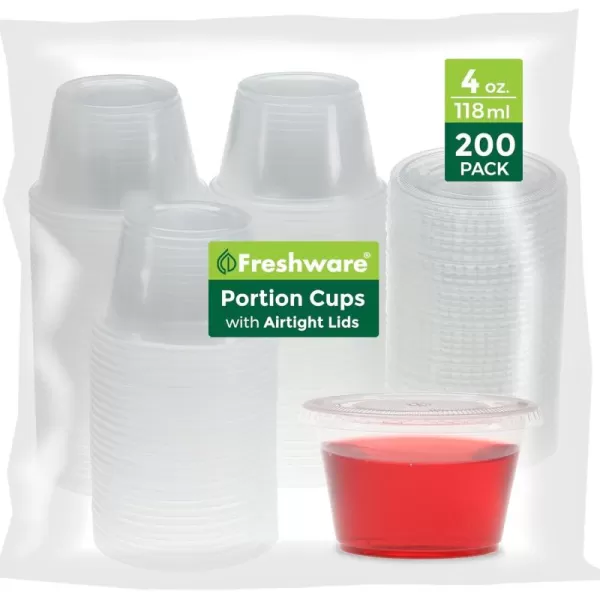 imageFreshware Plastic Portion Cups with Lids 2 Ounce 200 Sets Disposable Plastic Cups for Meal Prep Salad Dressing Jellos Shot Cups Souffle Cups Condiment and Dipping Sauce Cups4 oz  200 sets