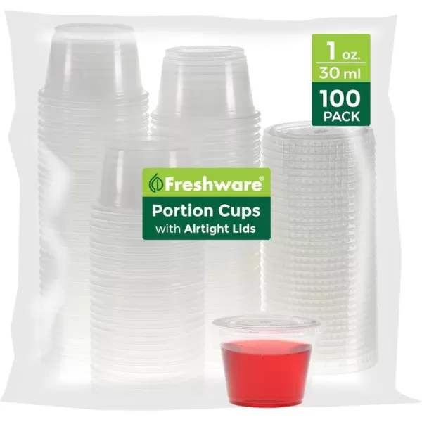 imageFreshware Plastic Portion Cups with Lids 325 Ounce 100 Sets Disposable Plastic Cups for Meal Prep Salad Dressing Jellos Shot Cups Souffle Cups Condiment and Dipping Sauce Cups1 oz  100 sets