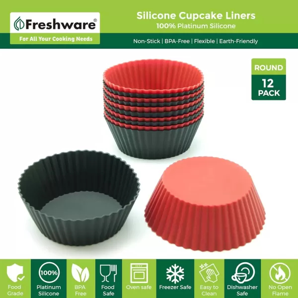 imageFreshware 12Pack Silicone 6Star Reusable Cupcake and Muffin Baking Cup Six Vibrant ColorsRed  Black Large Round 12Pack