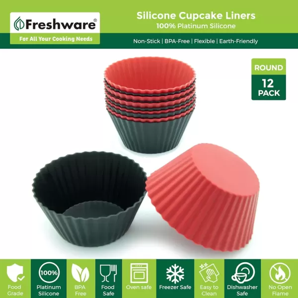 imageFreshware 12Pack Silicone 6Star Reusable Cupcake and Muffin Baking Cup Six Vibrant ColorsRed  Black Round 12Pack