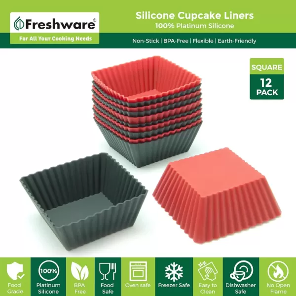 imageFreshware 12Pack Silicone 6Star Reusable Cupcake and Muffin Baking Cup Six Vibrant ColorsRed  Black Square 12Pack