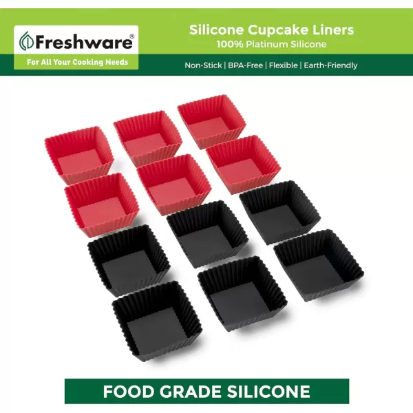 imageFreshware 12Pack Silicone 6Star Reusable Cupcake and Muffin Baking Cup Six Vibrant ColorsRed  Black Square 12Pack