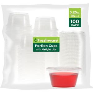 image:imageFreshware Plastic Portion Cups with Lids 2 Ounce 400 Set Disposable Plastic Cups for Meal Prep Salad Dressing Jellos Shot Cup Condiment and Dipping Sauce Cup325 oz  100 sets