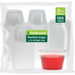 image:imageFreshware Plastic Portion Cups with Lids 2 Ounce 400 Set Disposable Plastic Cups for Meal Prep Salad Dressing Jellos Shot Cup Condiment and Dipping Sauce Cup4 oz  100 sets