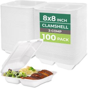 image:imageFreshware Clamshell Food Containers with Lids 8x8 3Compartment 100Pack Disposable To Go Containers Biodegradable Sugarcane To Go Boxes  Paper Container  Microwave amp Freezer Safe Stackable8 x 8 Inch  100 Pack