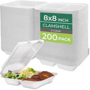 image:imageFreshware Clamshell Food Containers with Lids 8x8 3Compartment 100Pack Disposable To Go Containers Biodegradable Sugarcane To Go Boxes  Paper Container  Microwave amp Freezer Safe Stackable8 x 8 Inch  200 Pack