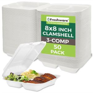 image:imageFreshware Clamshell Food Containers with Lids 8x8 3Compartment 100Pack Disposable To Go Containers Biodegradable Sugarcane To Go Boxes  Paper Container  Microwave amp Freezer Safe Stackable8 x 8 Inch 50Pack