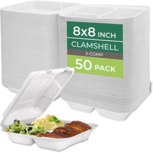 image:imageFreshware Clamshell Food Containers with Lids 8x8 3Compartment 100Pack Disposable To Go Containers Biodegradable Sugarcane To Go Boxes  Paper Container  Microwave amp Freezer Safe Stackable8 x 8 Inch 50 Pack