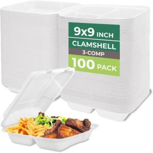 image:imageFreshware Clamshell Food Containers with Lids 8x8 3Compartment 100Pack Disposable To Go Containers Biodegradable Sugarcane To Go Boxes  Paper Container  Microwave amp Freezer Safe Stackable9 x 9 Inch  100 Pack