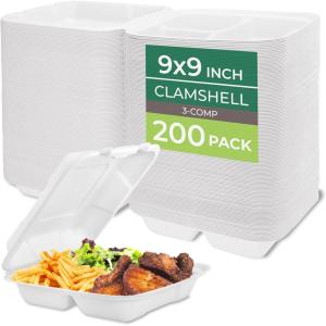image:imageFreshware Clamshell Food Containers with Lids 8x8 3Compartment 100Pack Disposable To Go Containers Biodegradable Sugarcane To Go Boxes  Paper Container  Microwave amp Freezer Safe Stackable9 x 9 Inch  200 Pack