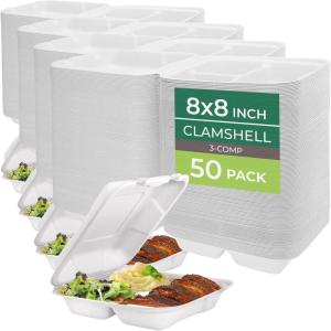 image:imageFreshware Clamshell Food Containers with Lids 8x8 3Compartment 100Pack Disposable To Go Containers Biodegradable Sugarcane To Go Boxes  Paper Container  Microwave amp Freezer Safe Stackable8 x 8 Inch 200 Pack