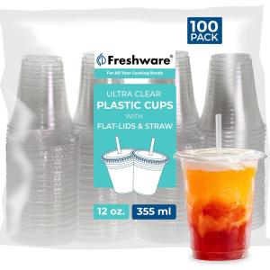 image:imageFreshware Clear Plastic Cups with Flat Lids and Straws 100 Cups  24 oz Disposable Tumblers for Iced Coffee Smoothie Milkshake Cold Drinks12 oz 100PK