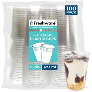 image:imageFreshware Clear Plastic Cups with Flat Lids and Straws 100 Cups  24 oz Disposable Tumblers for Iced Coffee Smoothie Milkshake Cold Drinks16 oz 100PCS