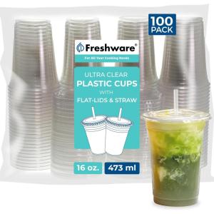 image:imageFreshware Clear Plastic Cups with Flat Lids and Straws 100 Cups  24 oz Disposable Tumblers for Iced Coffee Smoothie Milkshake Cold Drinks16 oz 100PK