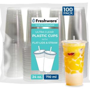 image:imageFreshware Clear Plastic Cups with Flat Lids and Straws 100 Cups  24 oz Disposable Tumblers for Iced Coffee Smoothie Milkshake Cold Drinks24 oz 100PK