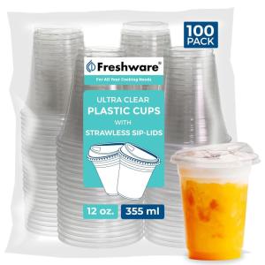 image:imageFreshware Clear Plastic Cups with Strawless Sip Lids 100 Cups  20 oz Disposable Cup for Iced Coffee Smoothie Milkshake Cold Drinks12 oz