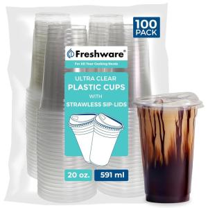 image:imageFreshware Clear Plastic Cups with Strawless Sip Lids 100 Cups  20 oz Disposable Cup for Iced Coffee Smoothie Milkshake Cold Drinks20 oz