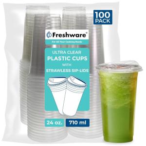 image:imageFreshware Clear Plastic Cups with Strawless Sip Lids 100 Cups  20 oz Disposable Cup for Iced Coffee Smoothie Milkshake Cold Drinks24 oz 100PK