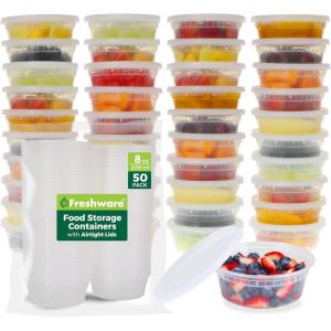 image:imageFreshware Food Storage Containers with Lids 60 Pack 8 16 32 oz 20 sets each size Plastic Deli Containers Meal Prep Containers Microwave and Freezer Safe Stackable Leakproof BPA Free Clear8 oz  50Pack